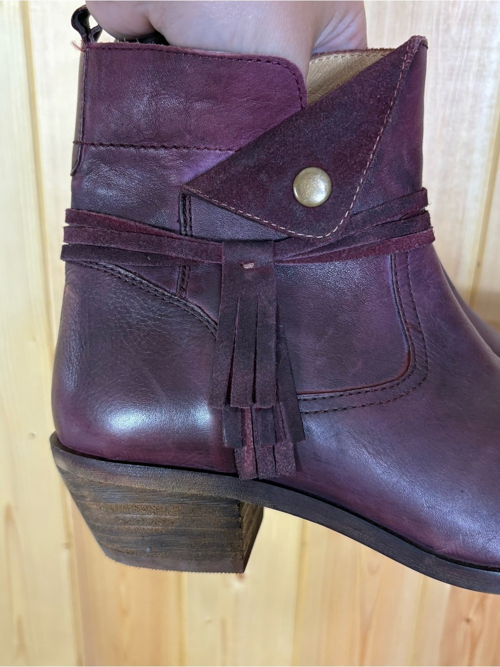 Maddison Burgundy Leather Ankle Boots Women’s Size 7 Block Heel Tassel Zip Boho - Picture 6 of 16